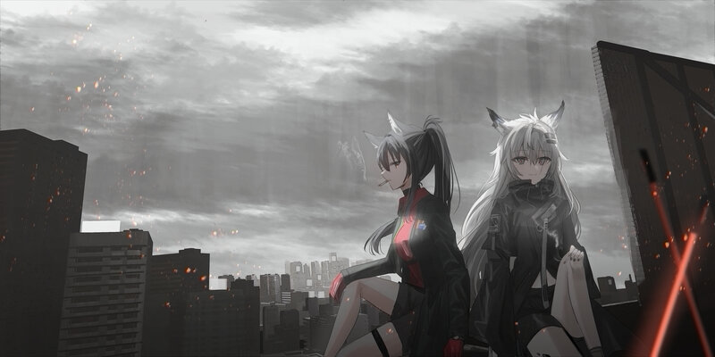 Two Anime Girls on Rooftop — Gray, Dramatic