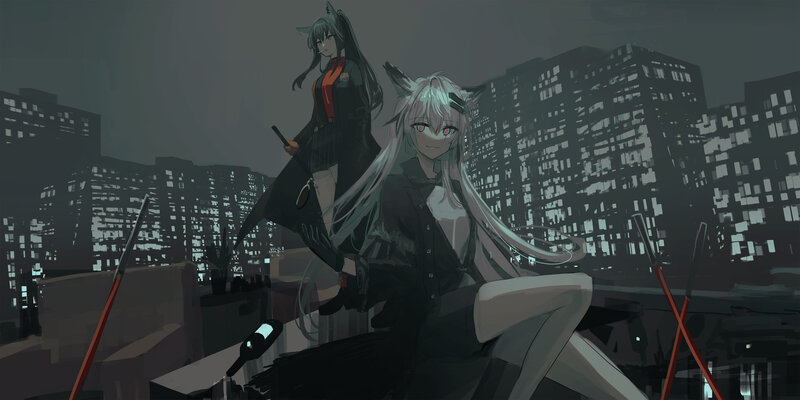 Two Anime Girls on Rooftop — Gray