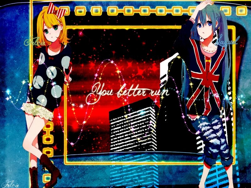 Two Anime Girls on Stage — Blue, Energetic, Night, Digital Art, City Skyline