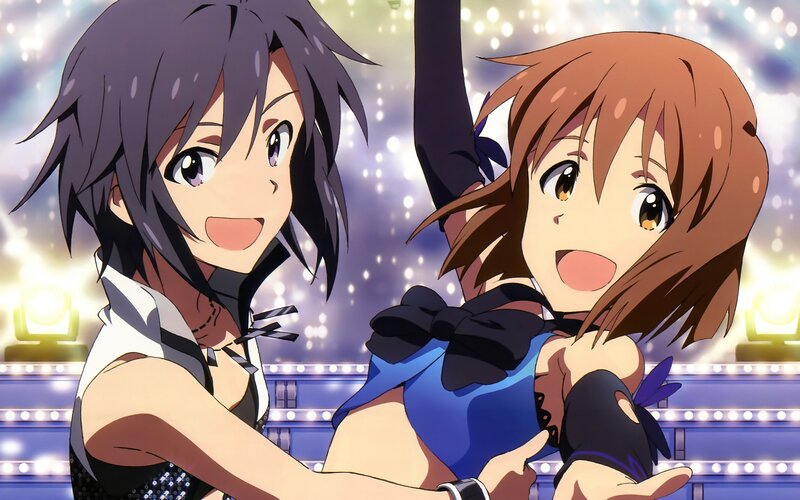 Two Anime Girls on Stage — Blue, Energetic, Night