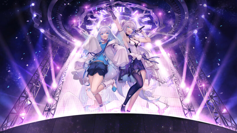 Two Anime Girls on Stage — Purple, Dramatic