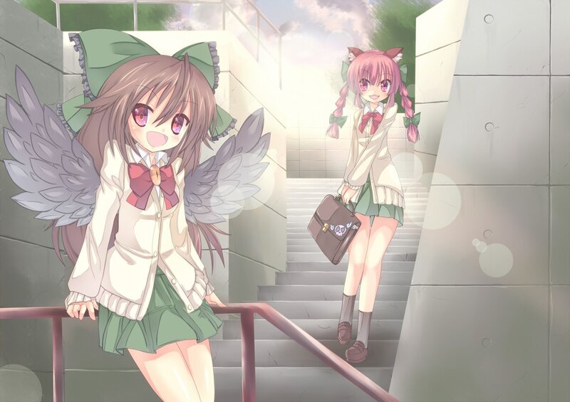 Two anime girls on stairs