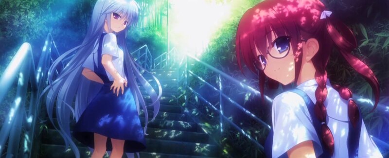 Two Anime Girls on Stairs — Blue, Serene