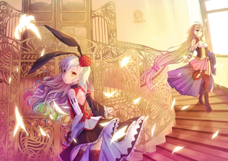 Two Anime Girls on Stairs — Purple, Dramatic, Afternoon