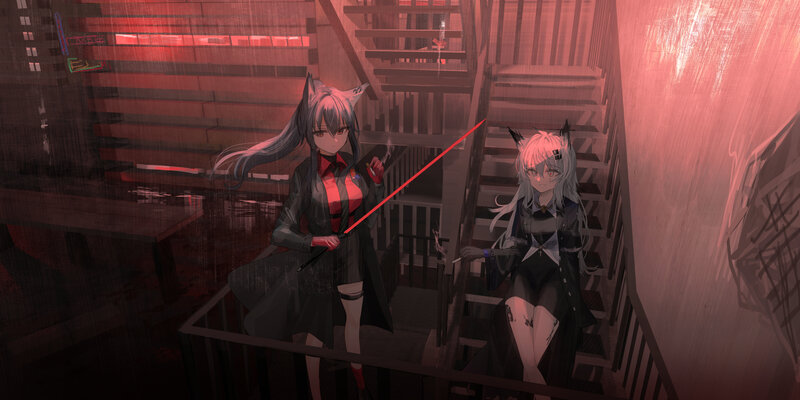 Two Anime Girls on Stairs — Red, Dramatic, Night