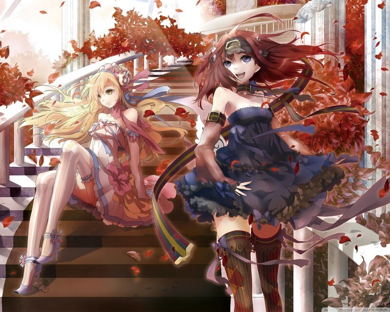 Two Anime Girls on Stairs — Red, Dynamic