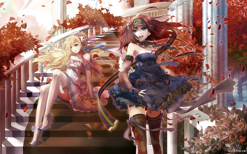Two Anime Girls on Stairs — Red