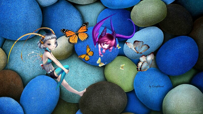 Two Anime Girls on Stones