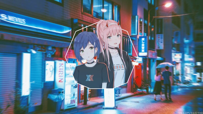 Two Anime Girls on Street — Blue, Nocturnal, Night