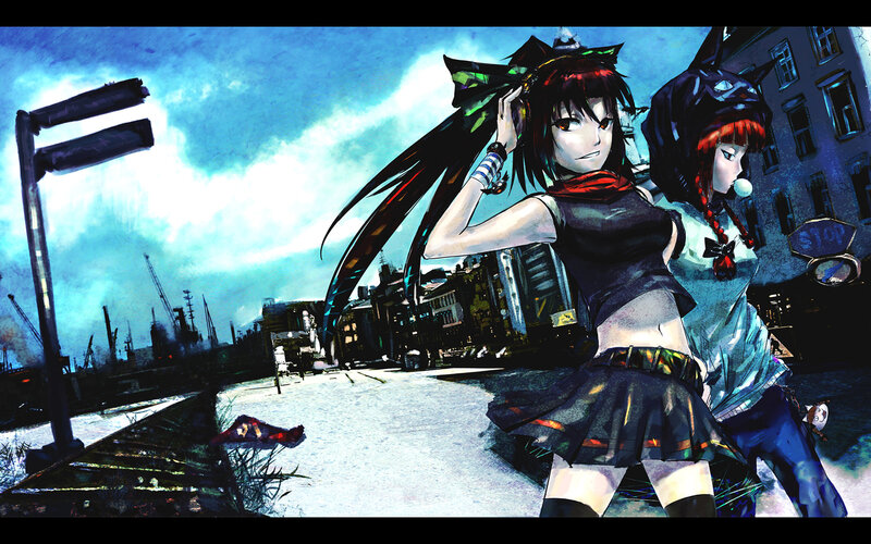 Two Anime Girls on Street — Blue