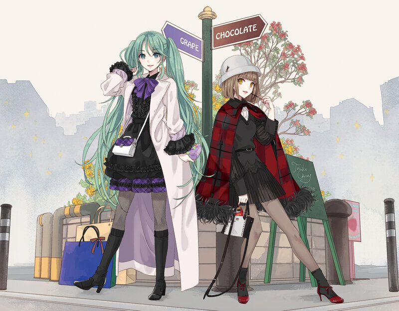 Two Anime Girls on Street — Green