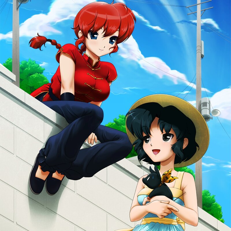Two Anime Girls on Wall — Blue, Cheerful