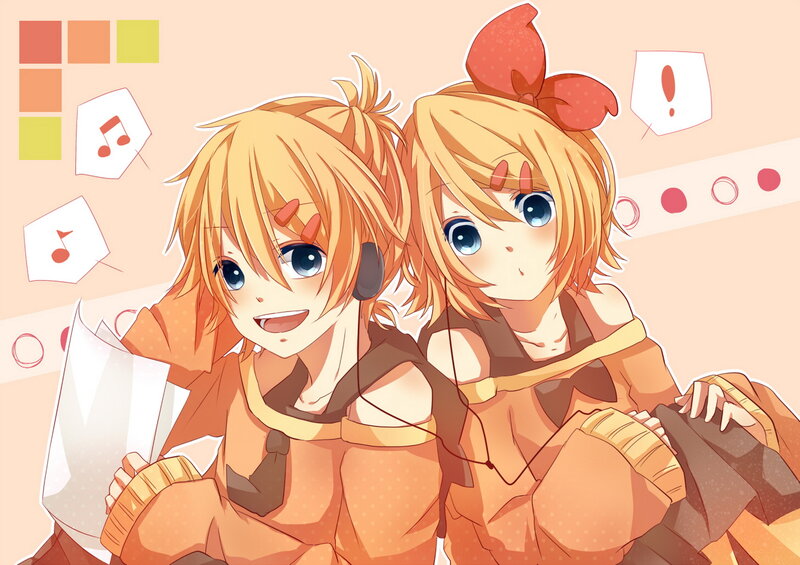 Two Anime Girls — Orange, Cheerful, Headphones