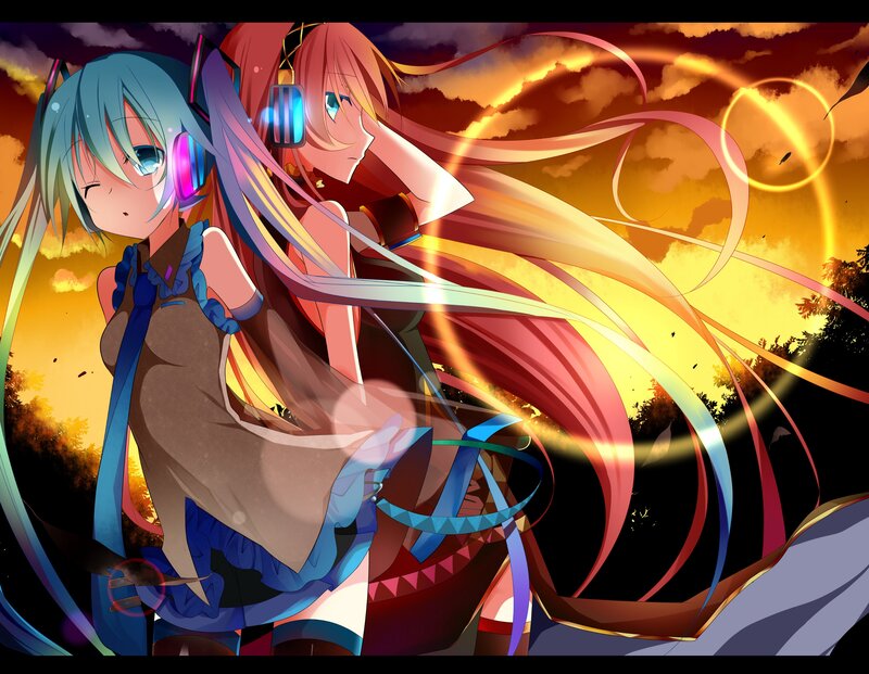 Two Anime Girls — Orange, Dramatic, Sunset, Headphones