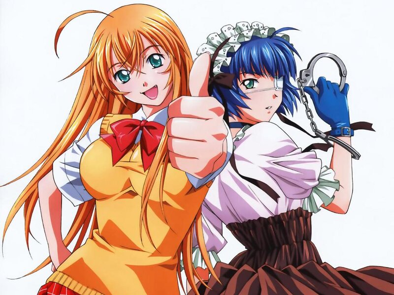 Two Anime Girls — Orange, Playful, Handcuffs