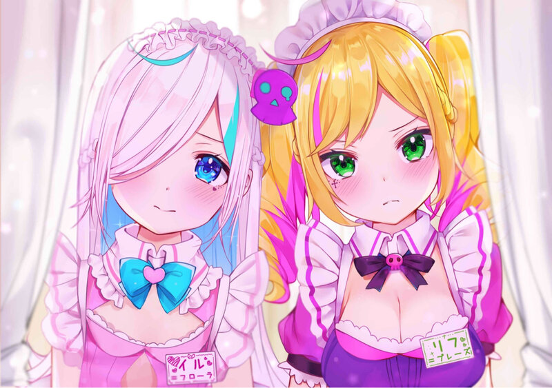 Two Anime Girls — Pink, Cheerful, Maid Outfits, Name Tags
