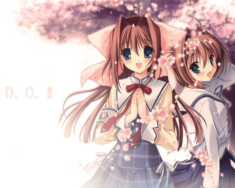 Two Anime Girls — Pink, Cheerful, Spring, Cherry Blossoms, School Uniforms, Flowers