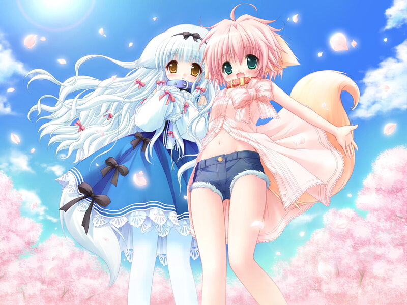 Two Anime Girls — Pink, Cheerful, Spring, Cherry Blossoms, Sky