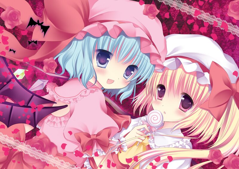 Two Anime Girls — Pink, Cute, Roses, Bats