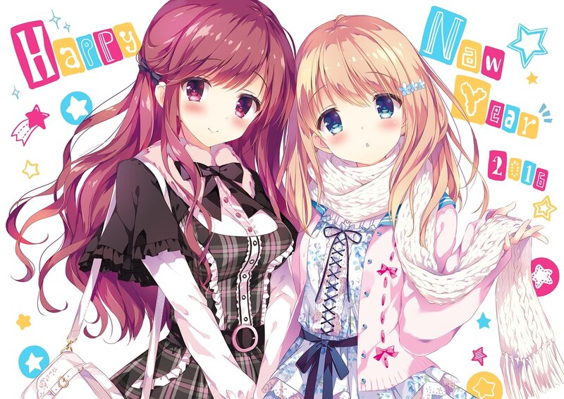 Two Anime Girls — Pink, Festive