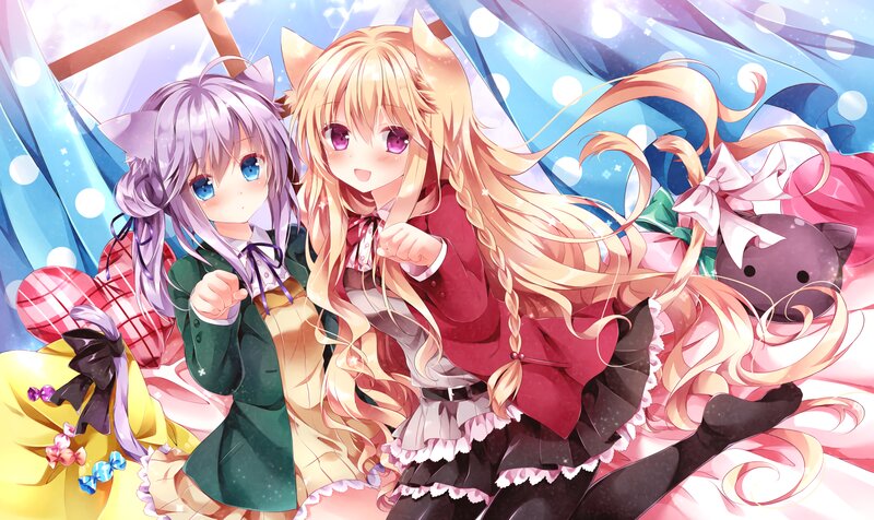 Two Anime Girls — Pink, Playful, Cat Ears, Bows, Stuffed Animals