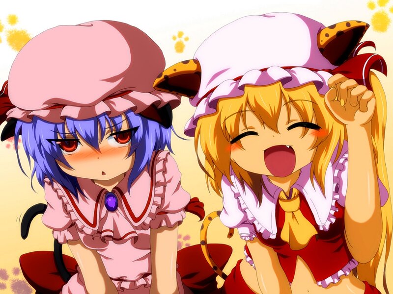 Two Anime Girls — Pink, Playful, Cat Ears, Hats, Tails