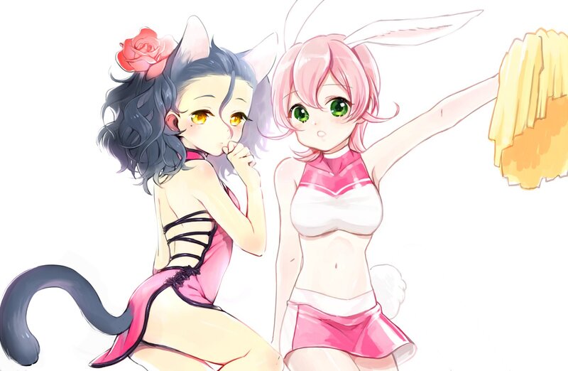 Two Anime Girls — Pink, Playful, Cat Ears, Rabbit Ears, Cheerleader Outfit
