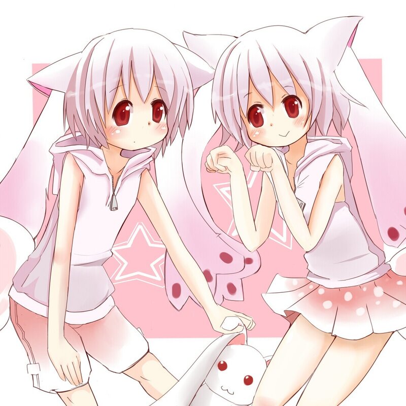 Two Anime Girls — Pink, Playful, Cat Ears, Red Eyes