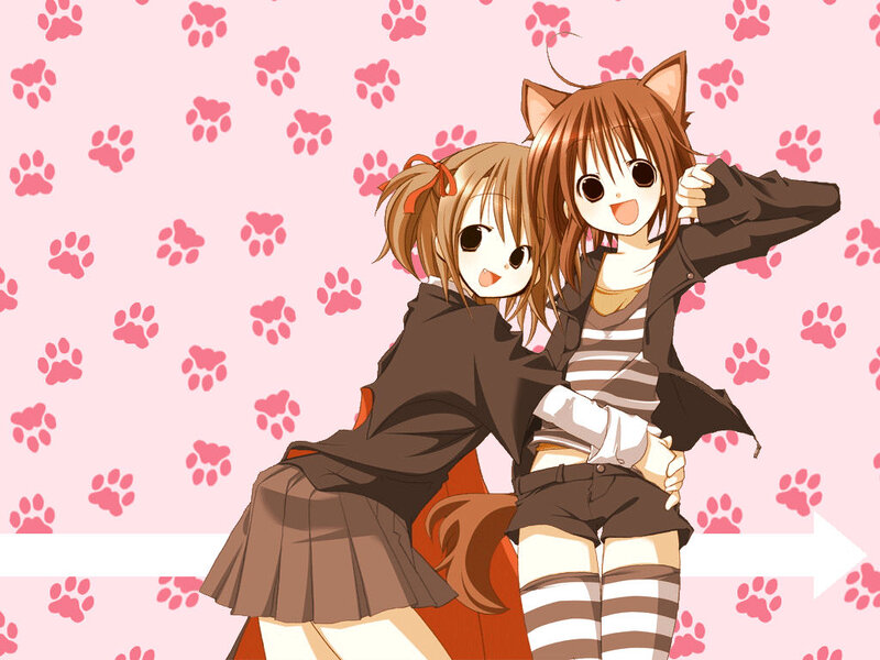 Two Anime Girls — Pink, Playful, Cat Ears, Tail, Paw Prints