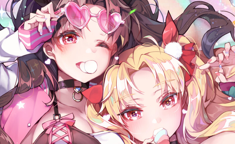 Two Anime Girls — Pink, Playful, Heart-shaped Glasses