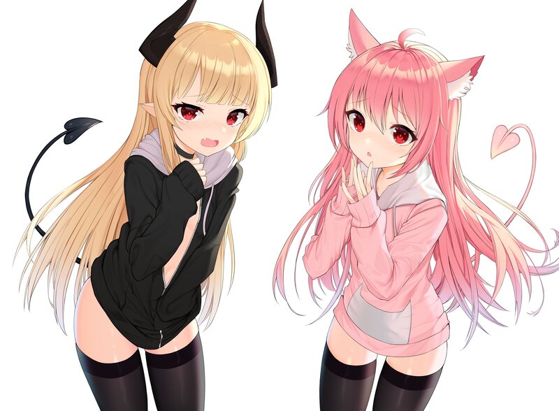 Two Anime Girls — Pink, Playful, Horns