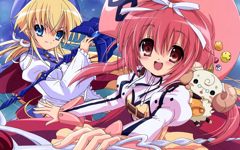 Two Anime Girls — Pink, Playful, Night, Magic Staff
