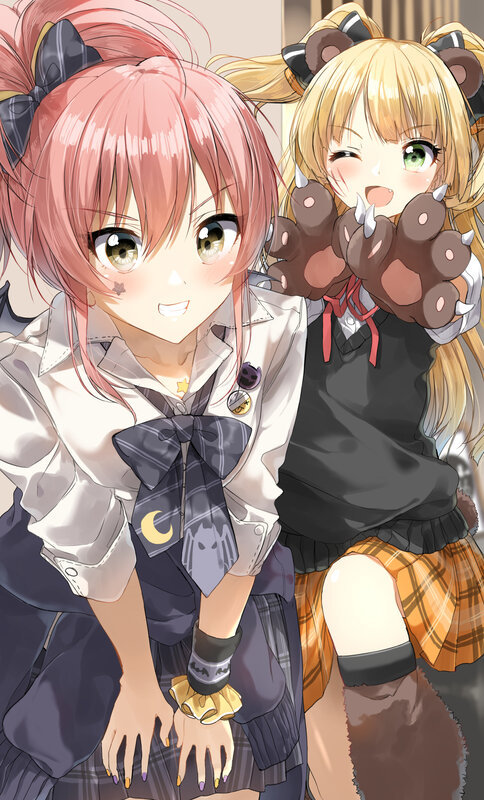 Two Anime Girls — Pink, Playful, School Uniforms, Animal Ears