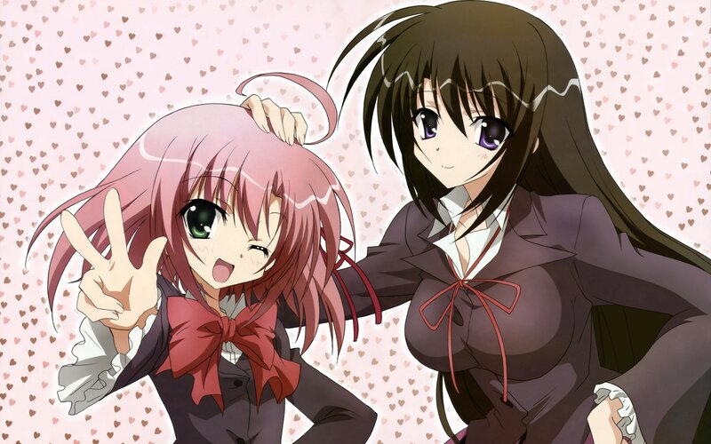 Two Anime Girls — Pink, Playful, School Uniforms, Heart Pattern
