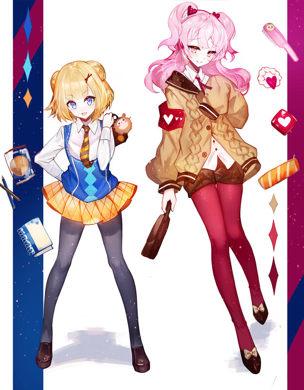 Two Anime Girls — Pink, Playful, School Uniforms, Pigtails