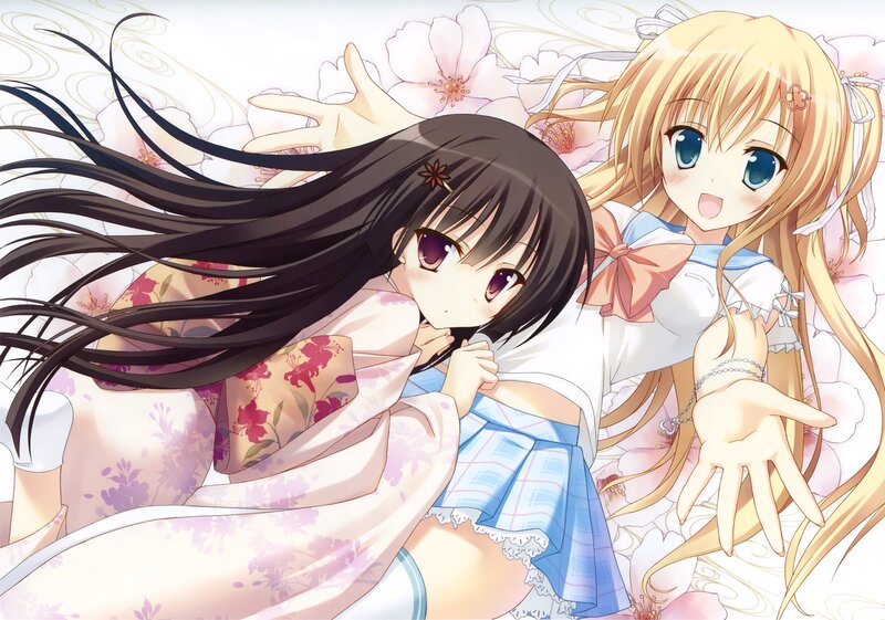 Two Anime Girls — Pink, Playful, Spring, Flowers