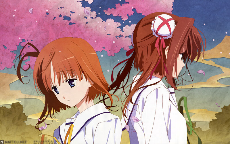 Two Anime Girls — Pink, Serene, Spring, Cherry Blossoms, School Uniforms, Backpack