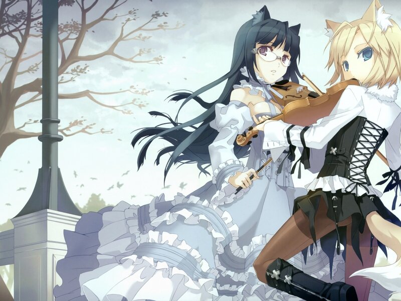 Two Anime Girls Playing Violin — White