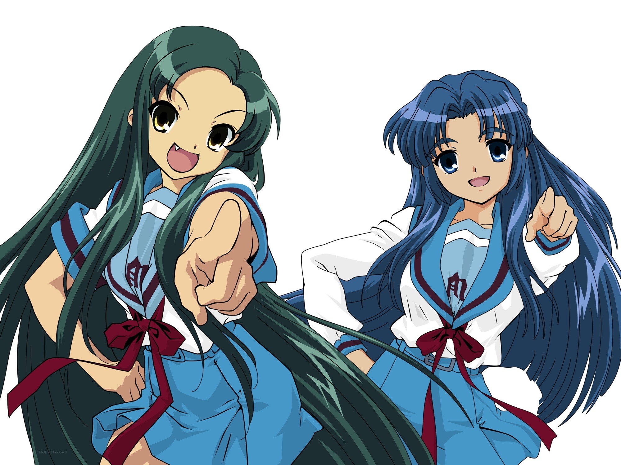 two anime girls pointing