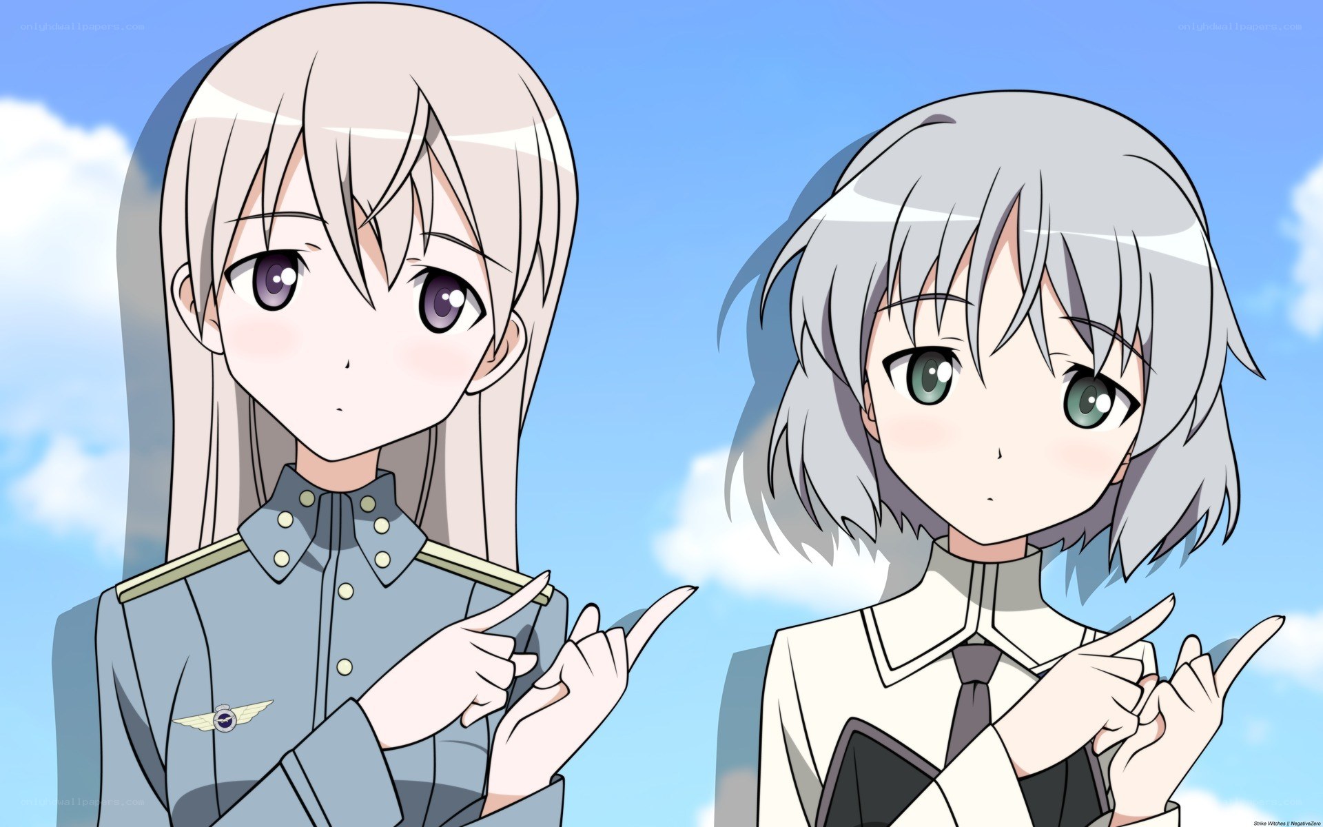 two anime girls pointing