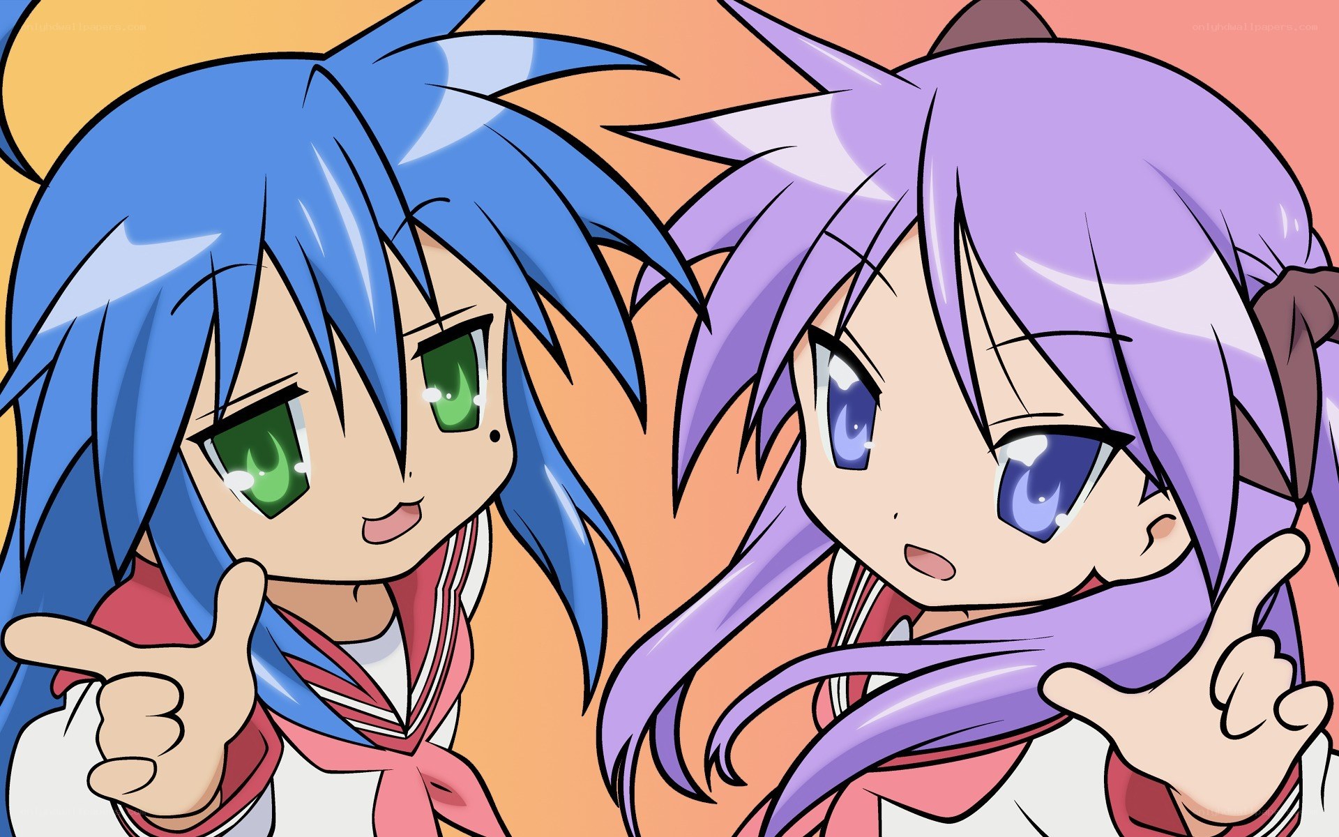 two anime girls pointing