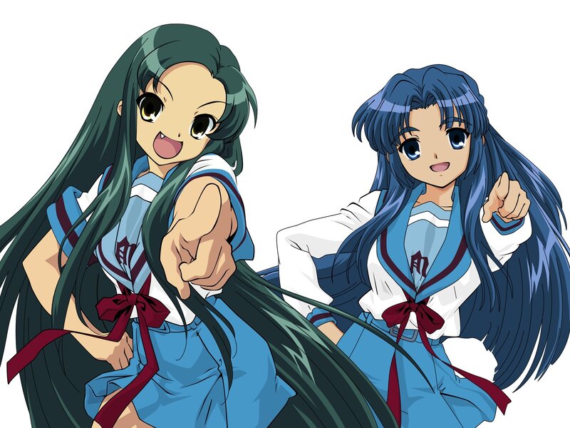 Two Anime Girls Pointing — Blue, Playful