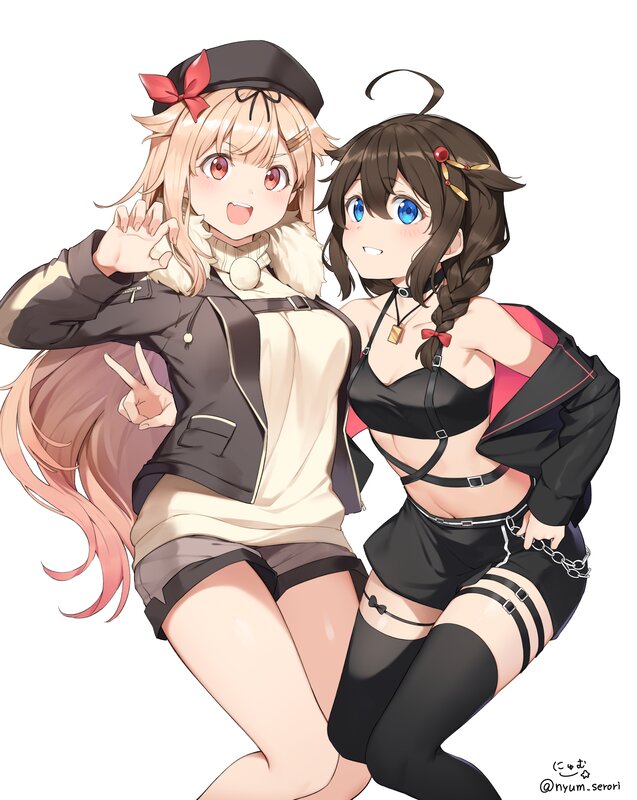Two Anime Girls Posing — Black, Playful, Digital Art