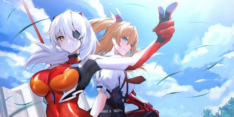 Two Anime Girls Posing — Blue, Energetic