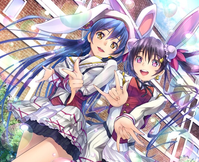 Two Anime Girls Posing — Blue, Playful, Afternoon