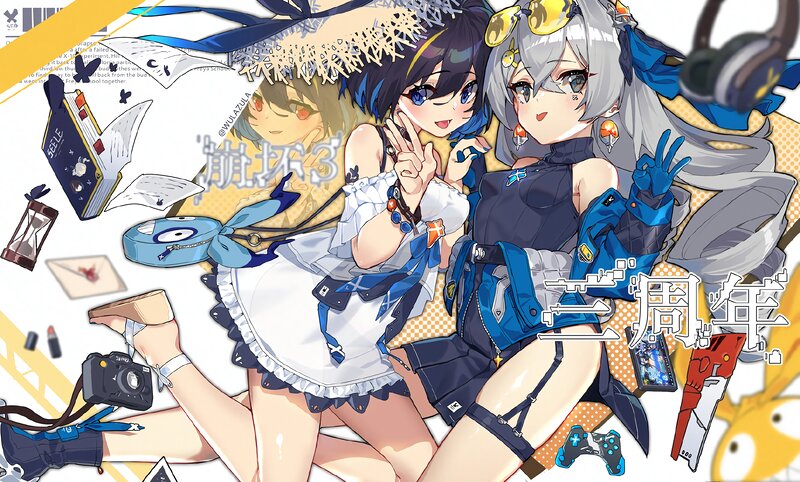 Two Anime Girls Posing — Blue, Playful, Camera