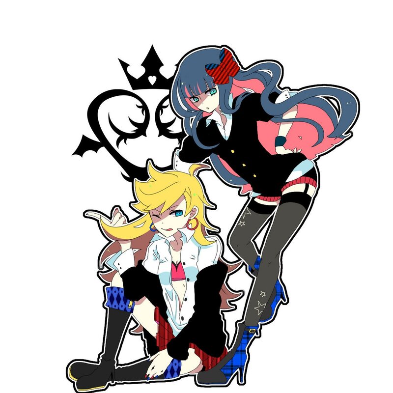 Two Anime Girls Posing — Blue, Playful, Crown Symbol
