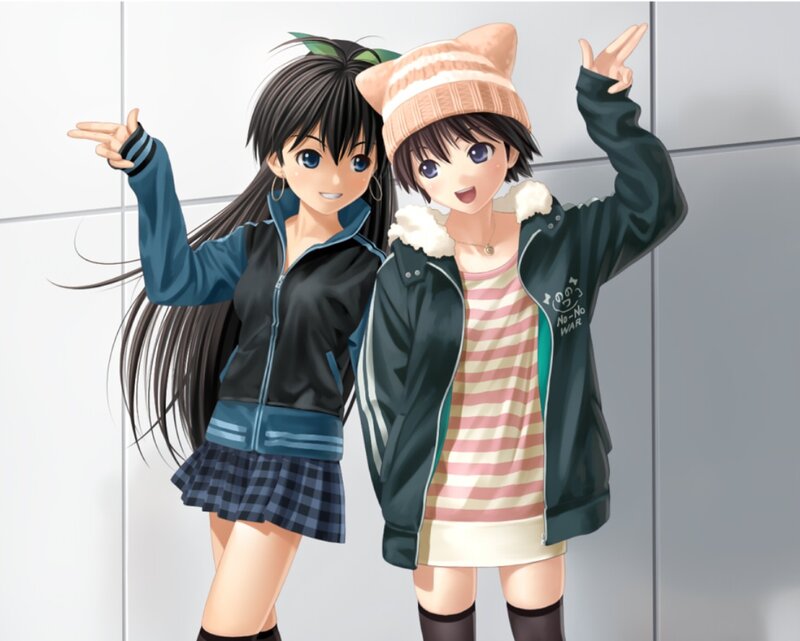 Two Anime Girls Posing — Blue, Playful, Jackets