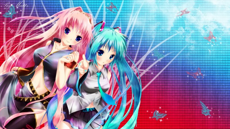 Two Anime Girls Posing — Blue, Vibrant, Energetic