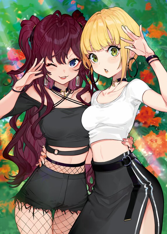 Two Anime Girls Posing — Green, Playful